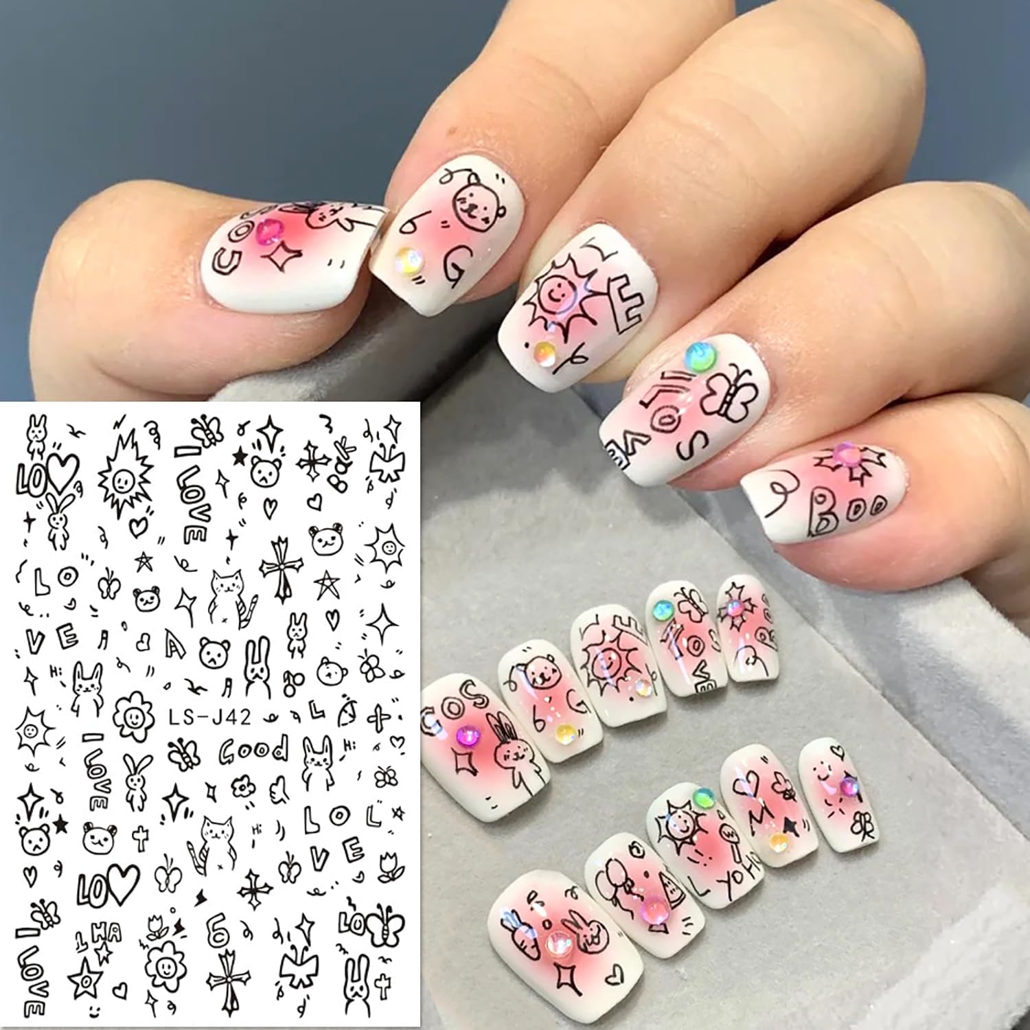 6 hojas de calcomanías de uñas de dibujos animados para niños, calcomanías autoadhesivas 3D para arte de uñas, calcomanías acrílicas para mujeres,