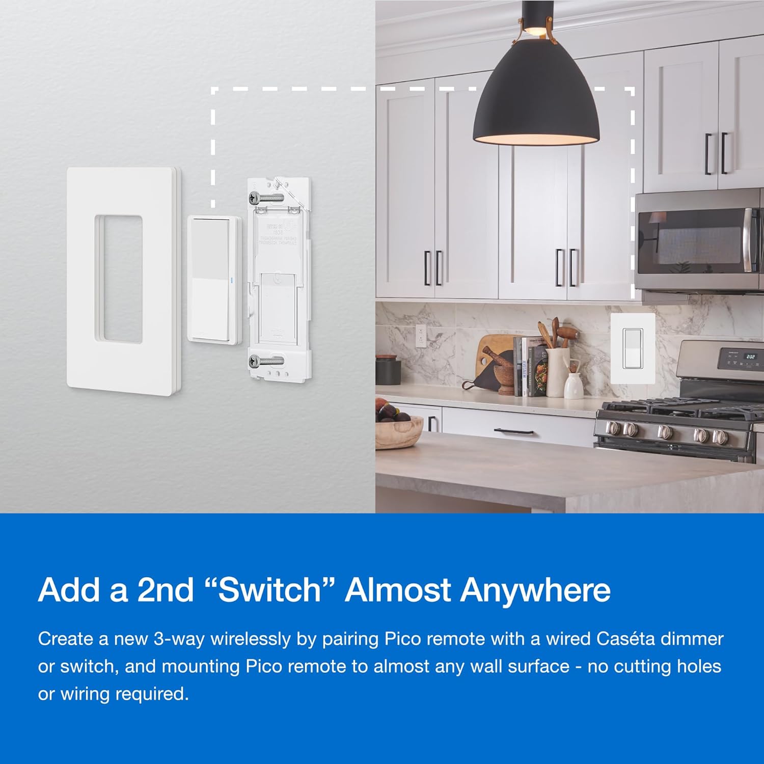 Lutron Claro – Kit de interruptor inteligente de 3 vías con control remoto Pico Paddle y etiquetas adhesivas de alambre, funciona con Alexa, Apple