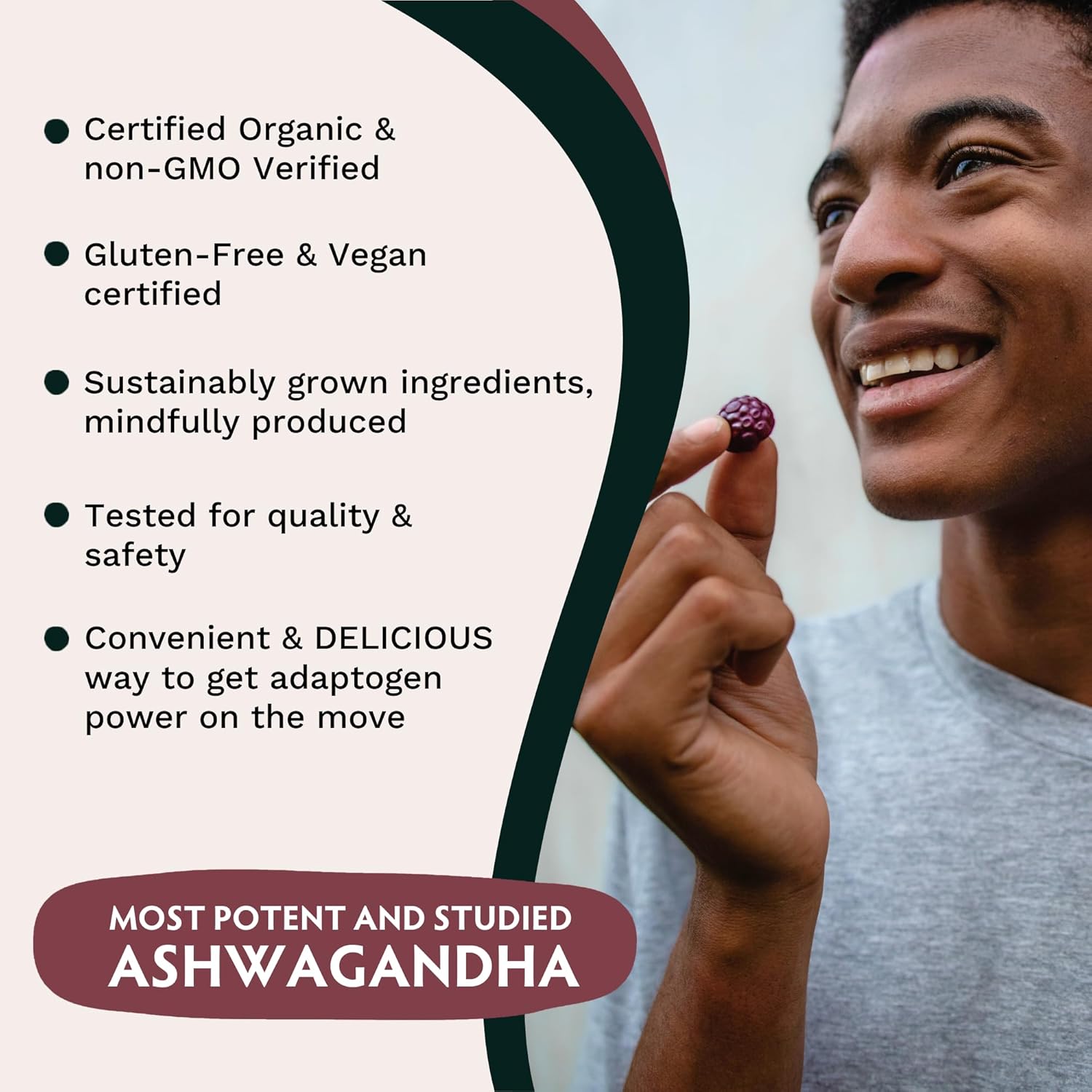 Ashwagandha KSM-66 – Gomitas para adultos, extracto de raíz orgánica pura, suplemento ayurvédico para hombres y mujeres, apoyo al estado de ánimo