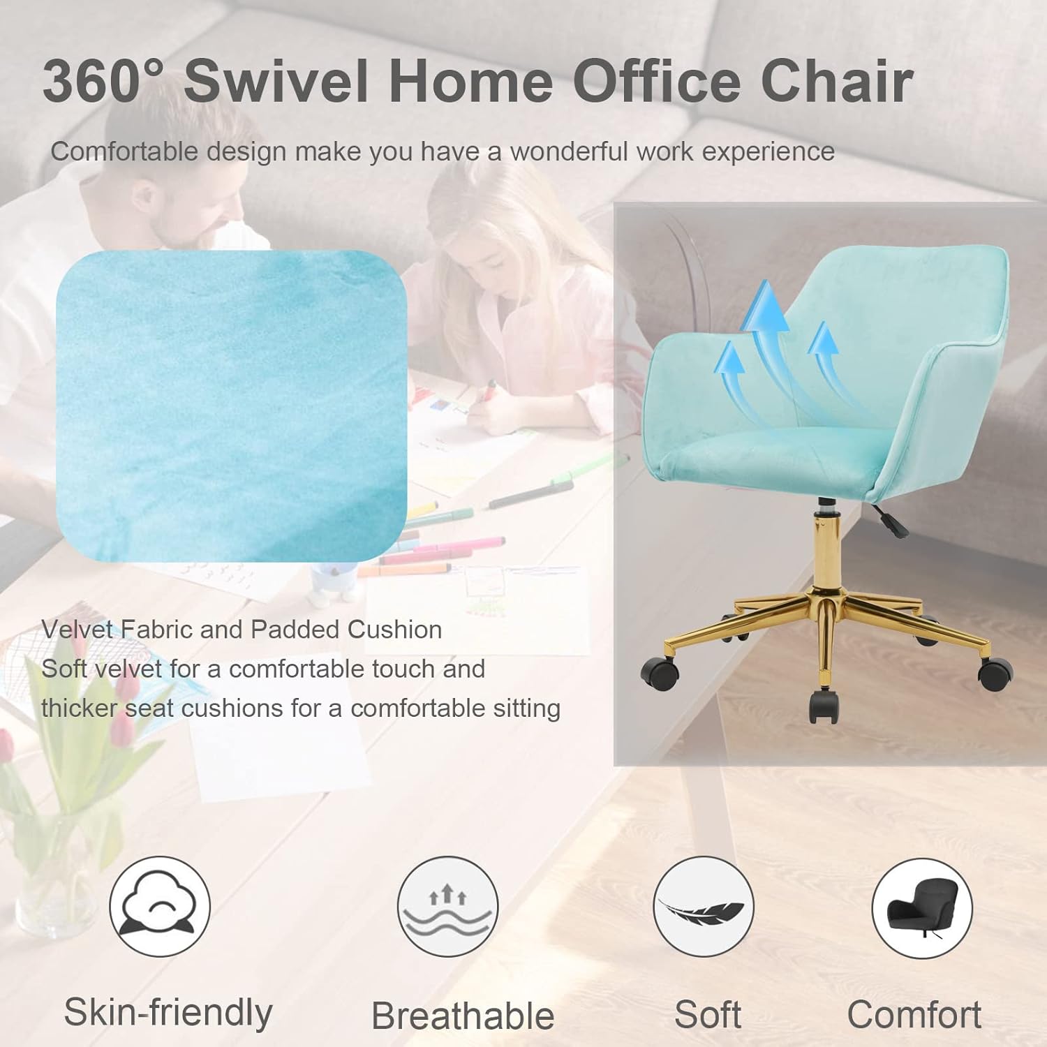Yoluckea Silla moderna de terciopelo para oficina en casa, silla giratoria ajustable para sala de estar, bonita silla de escritorio para