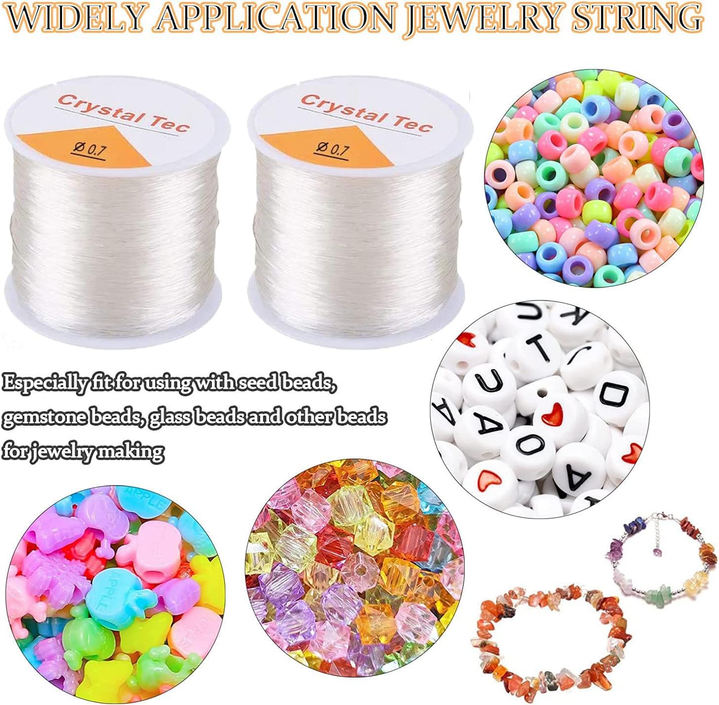 Hilo elástico de 0.028 in para pulseras, 3 rollos de cordón elástico, cuerda elástica de cuentas de cristal para pulseras, cuentas y fabricación de