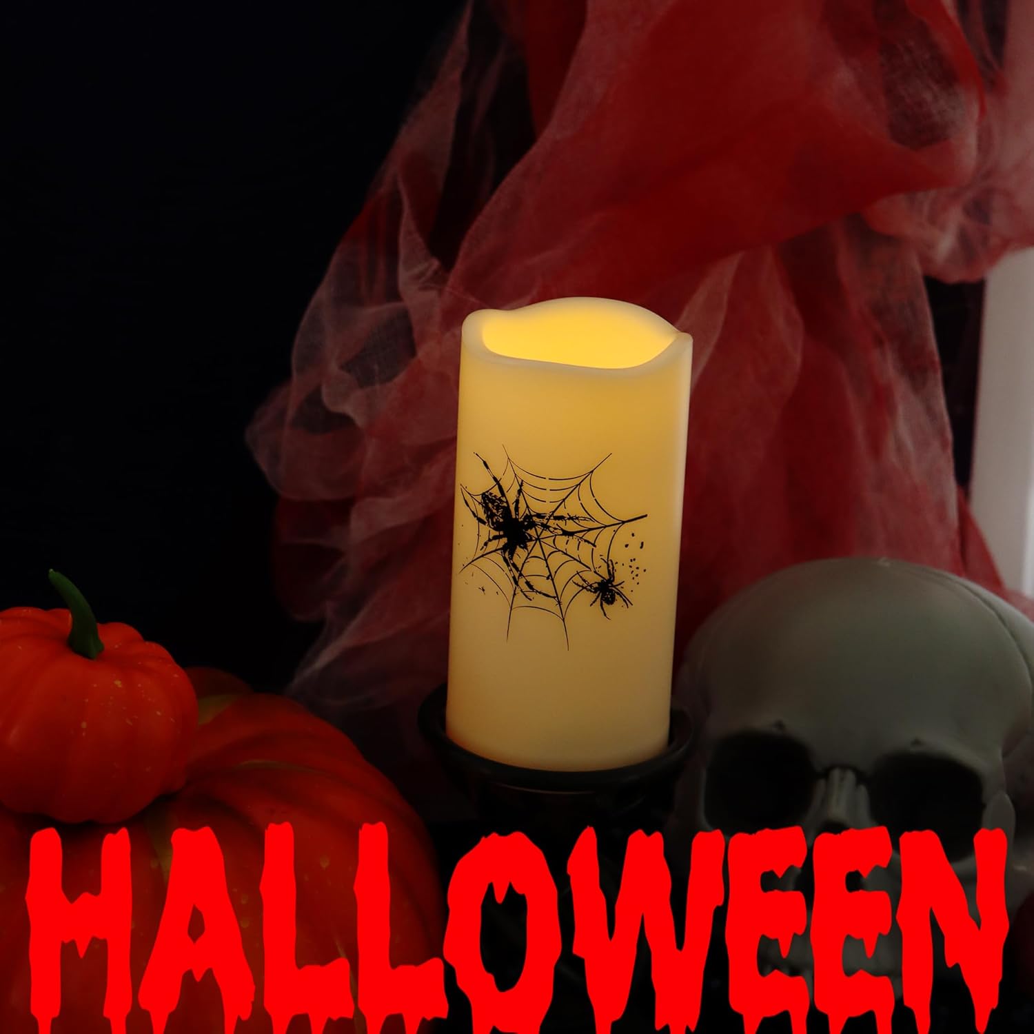 Velas sin llama para exteriores con temporizador de ciclismo, luces LED eléctricas parpadeantes realistas de plástico falso con araña para