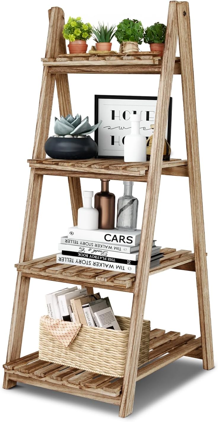 ECOMEX Estante de escalera – Organizador de almacenamiento con estantes de madera rústica de 4 niveles, elegante y funcional soporte para plantas de