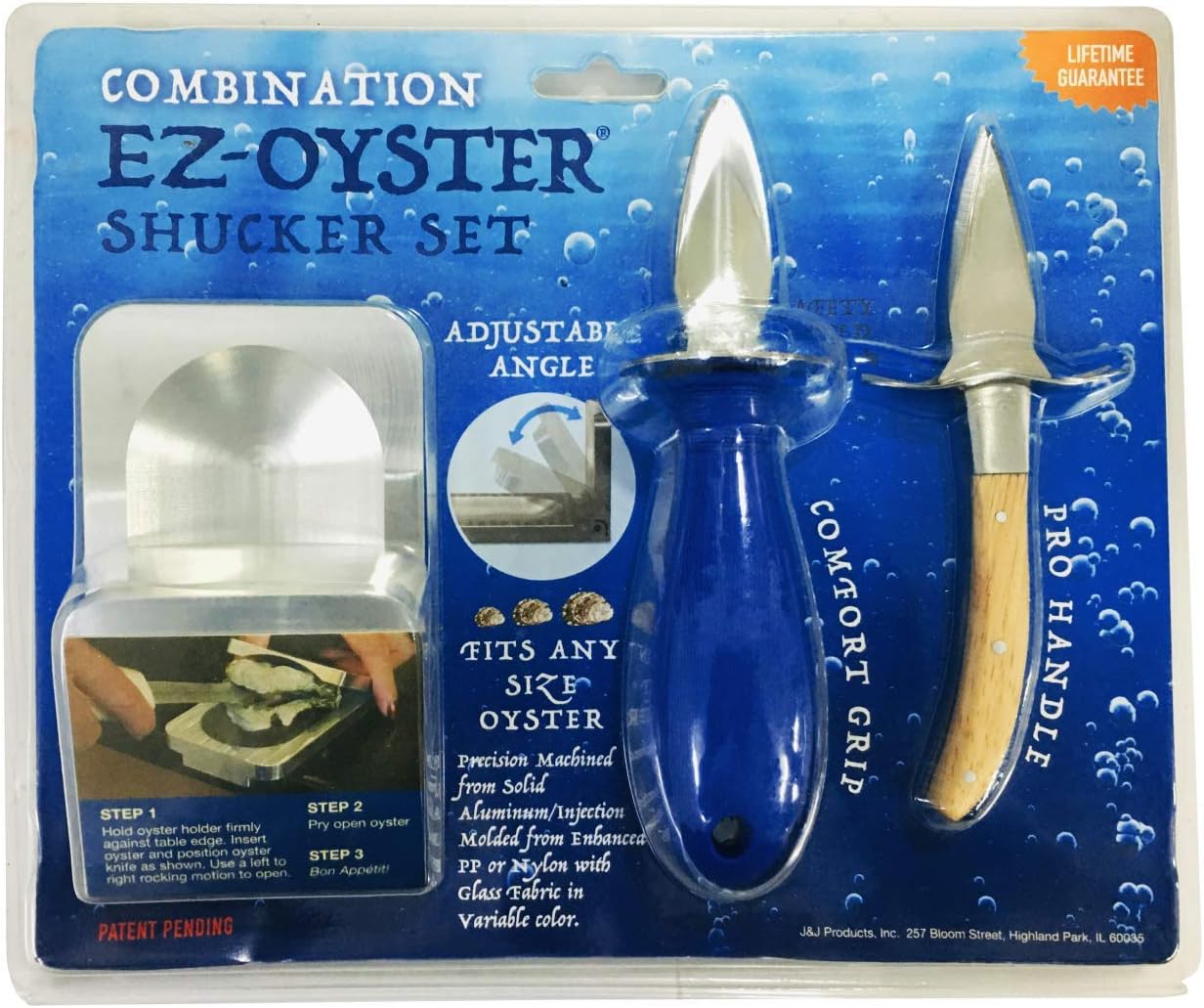 La herramienta EZ-Oyster Shucking con diseño de ángulo variable, compatible con todos los diversos tamaños de ostras, hecha de aluminio macizo.
