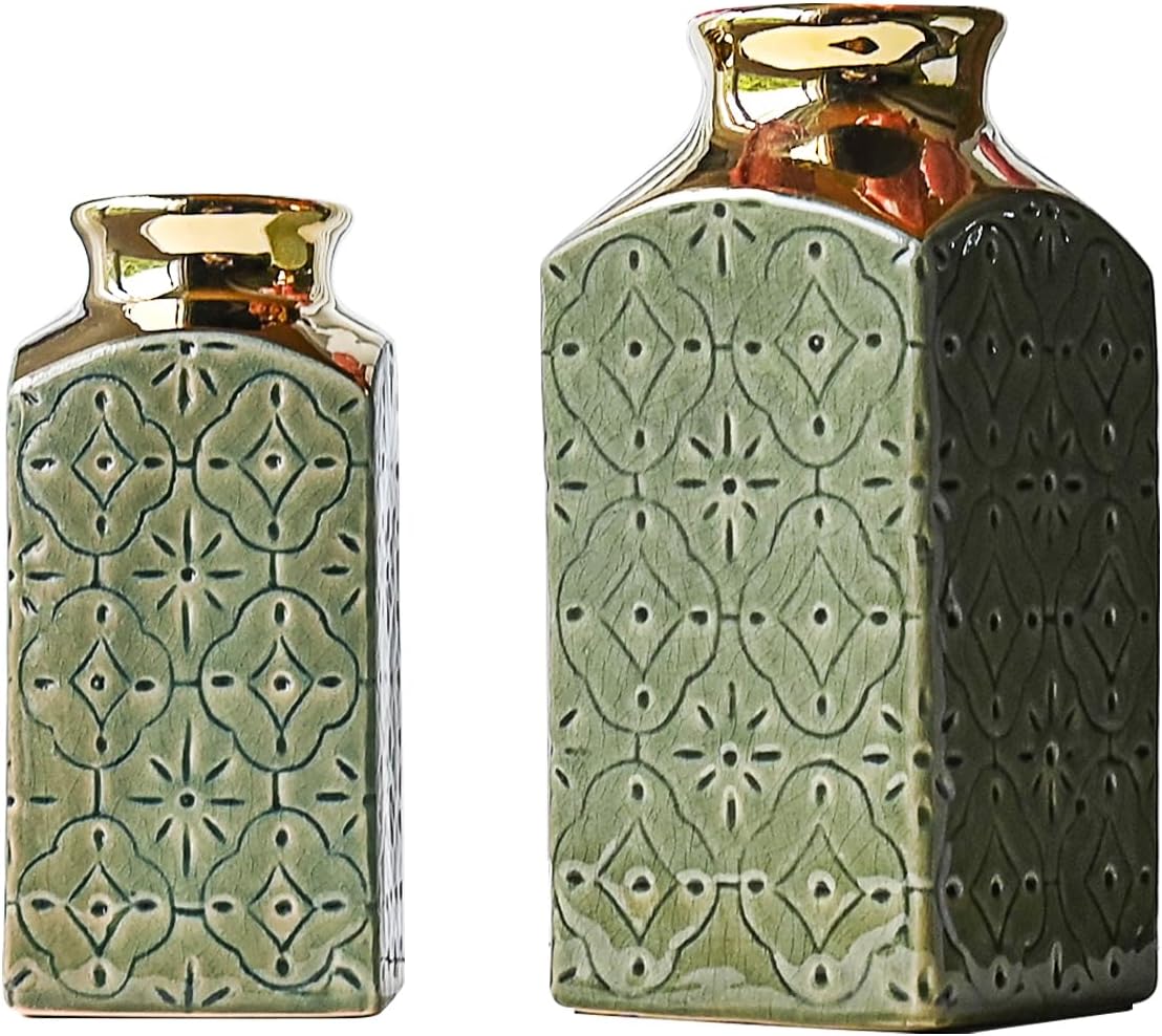 LIZOFER Juego de 2 jarrones de cerámica modernos para sala de estar, dormitorio, jarrones de flores de 9.3 y 7.9 pulgadas para decoración del hogar,