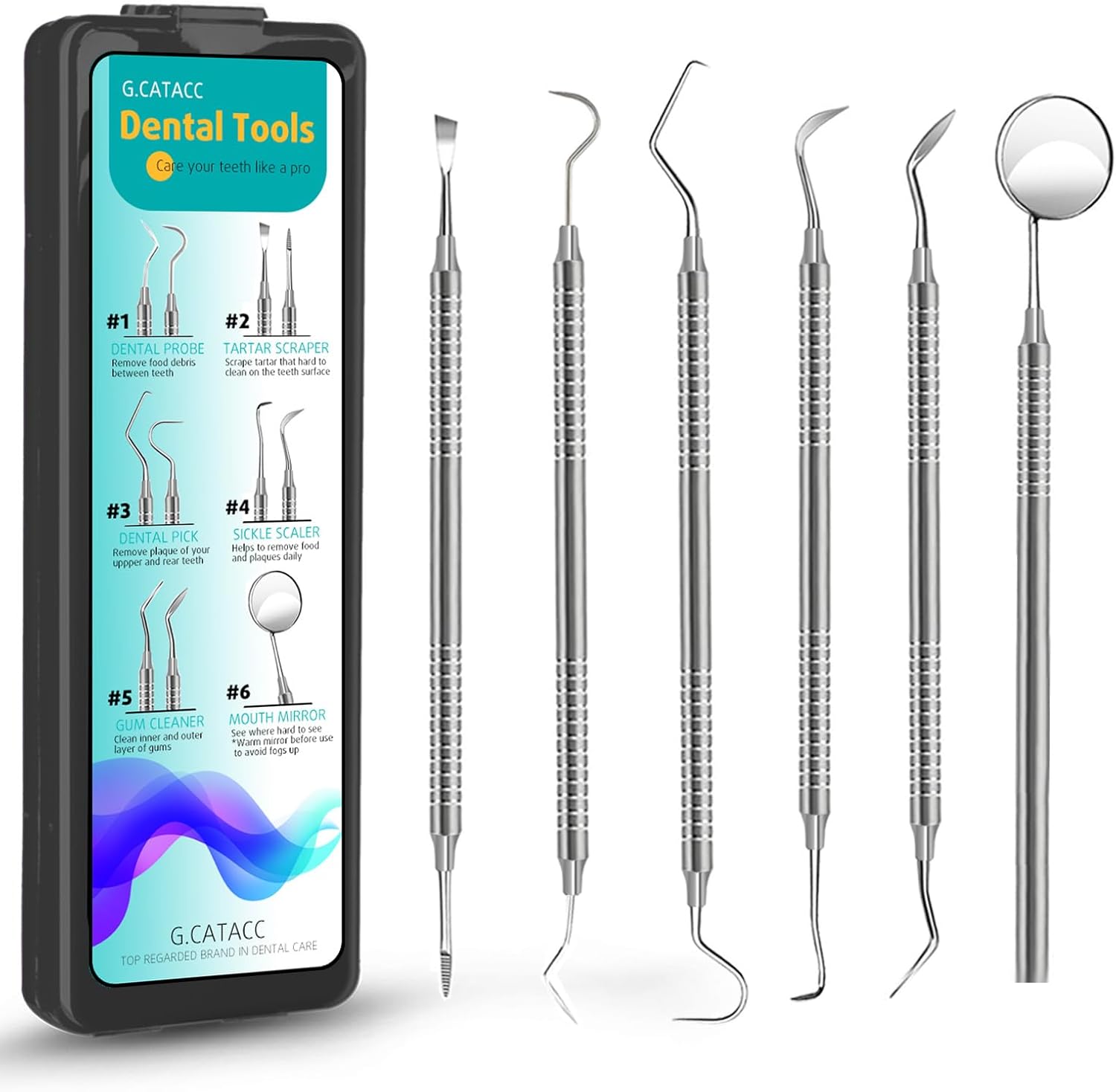 CATACC PRO Herramientas dentales, púa dental, kit de higiene dental, kit de herramientas de limpieza dental de acero inoxidable con raspador de