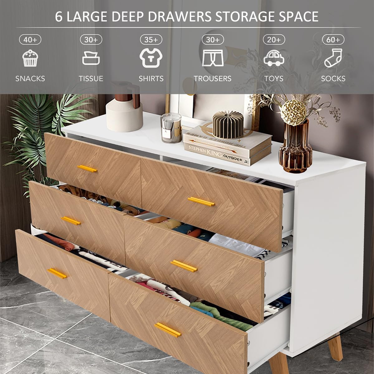 KOZIDO Cómoda de madera con 6 cajones profundos, 6 cómodas dobles, armario de almacenamiento moderno para dormitorio, sala de estar, pasillo,