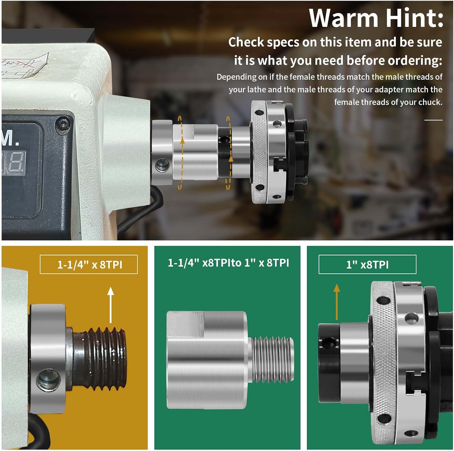 Adaptador de husillo de cabezal de torno, convierte 1-14 “x 8TPI a 1” x 8TPI para torno de carpintería