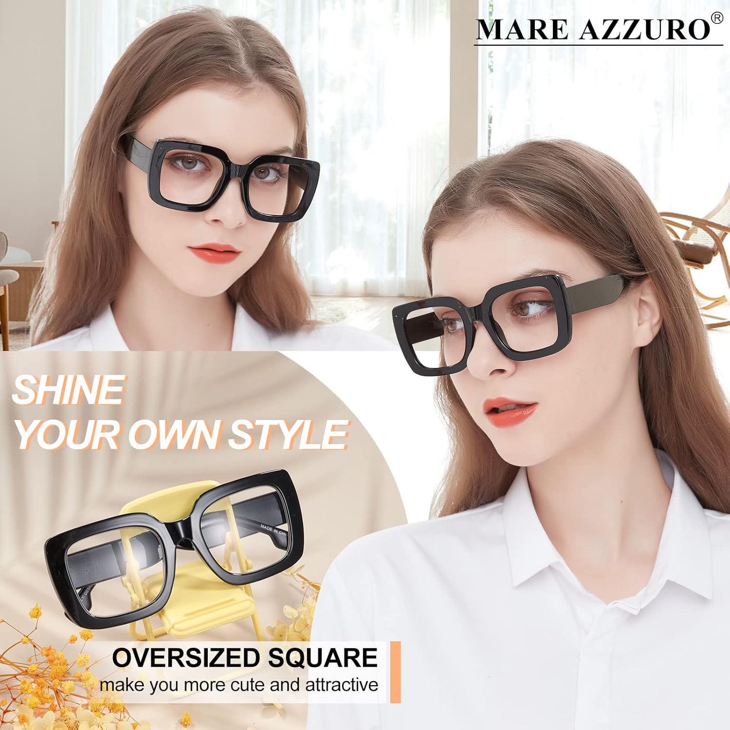 MARE AZZURO Gafas de lectura para mujer, de gran tamaño, cuadradas, para lectores 1.0, 1.25, 1.5, 1.75, 2.0, 2.25, 2.5, 2.75, 3.0, 3.5, 4.0, 5.0, 6.0