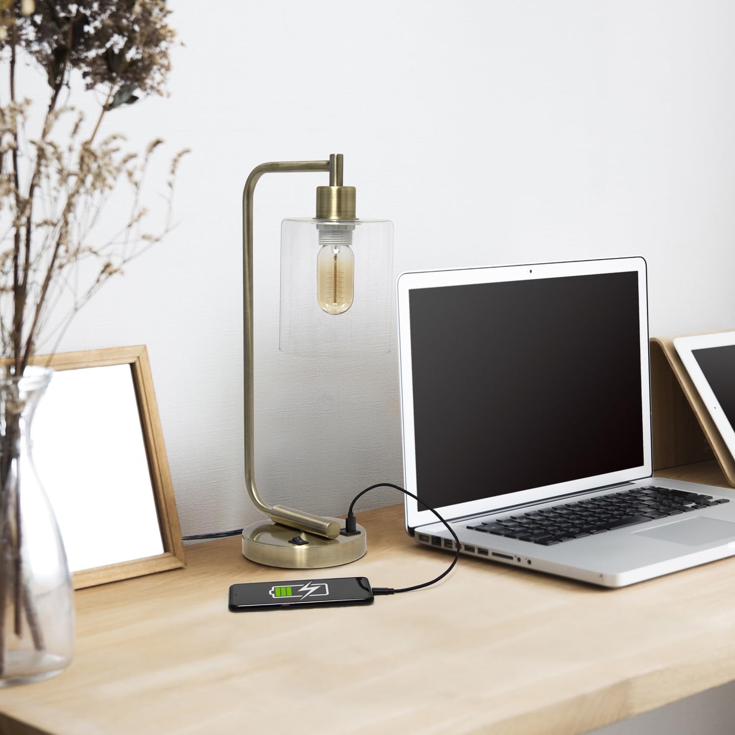 Simple Designs LD1066-BLK Bronson Lámpara de mesa de mesa de mesa de mesa de hierro industrial estilo antiguo con 2 puertos de carga USB duales y