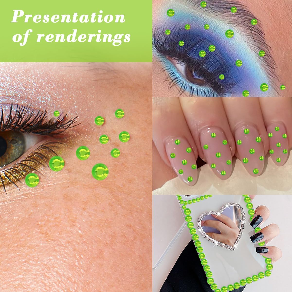 1792 calcomanías de perlas de cara verde, autoadhesivas para el cabello, calcomanías de diamantes de imitación para rostro, uñas, ojos, maquillaje