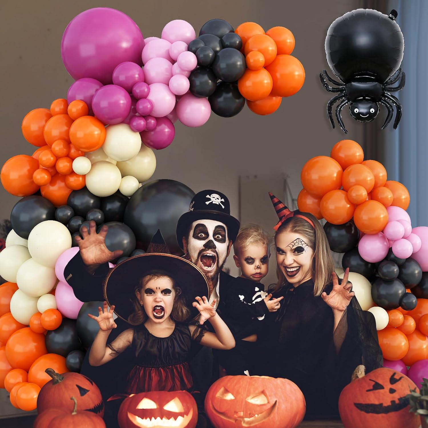 Kit de guirnalda de globos de Halloween, kit de arco de globos de Halloween negro, naranja, rosa, con globo amarillo pastel, araña, fantasma,