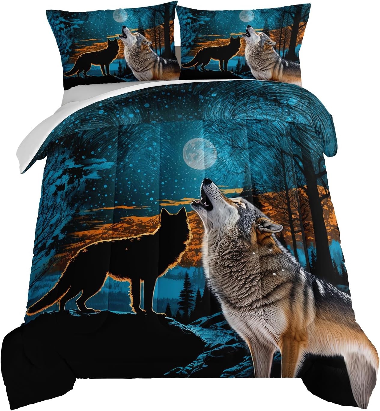 HOSIMA Edredón de lobo salvaje, ropa de cama con estampado de animales del bosque con 2 fundas de almohada, juego de ropa de cama de lobo, árbol y