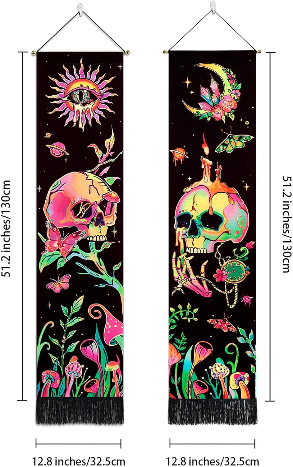 Leofanger Paquete de 2 tapices verticales de calavera negra con luz negra, tapiz de sol y luna, tapiz de flores de mariposa y mariposa negra, tapiz