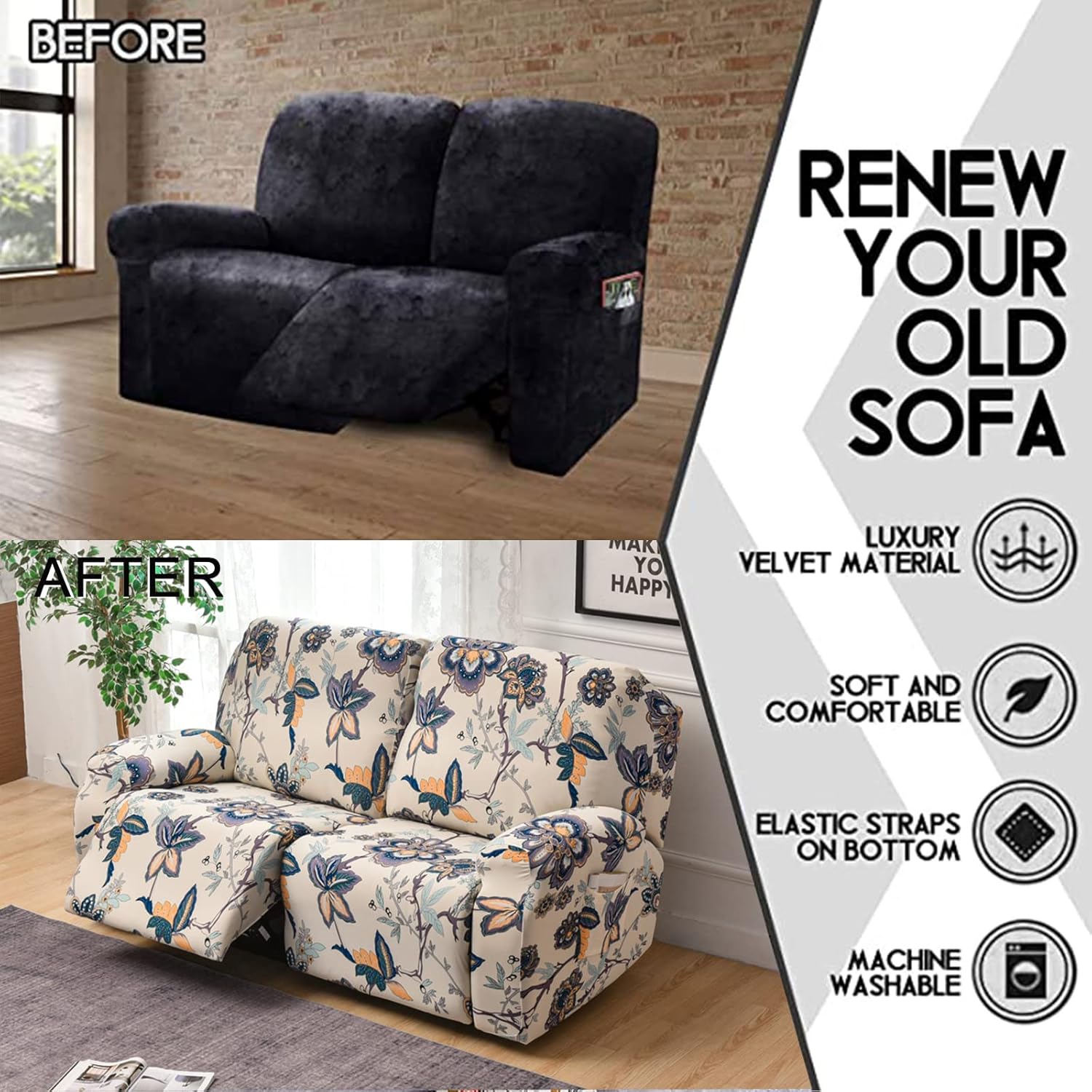 CRFATOP Funda elástica para sofá biplaza reclinable con bolsillos, 6 piezas, fundas de sofá reclinable de doble sección para sofá reclinable de 2