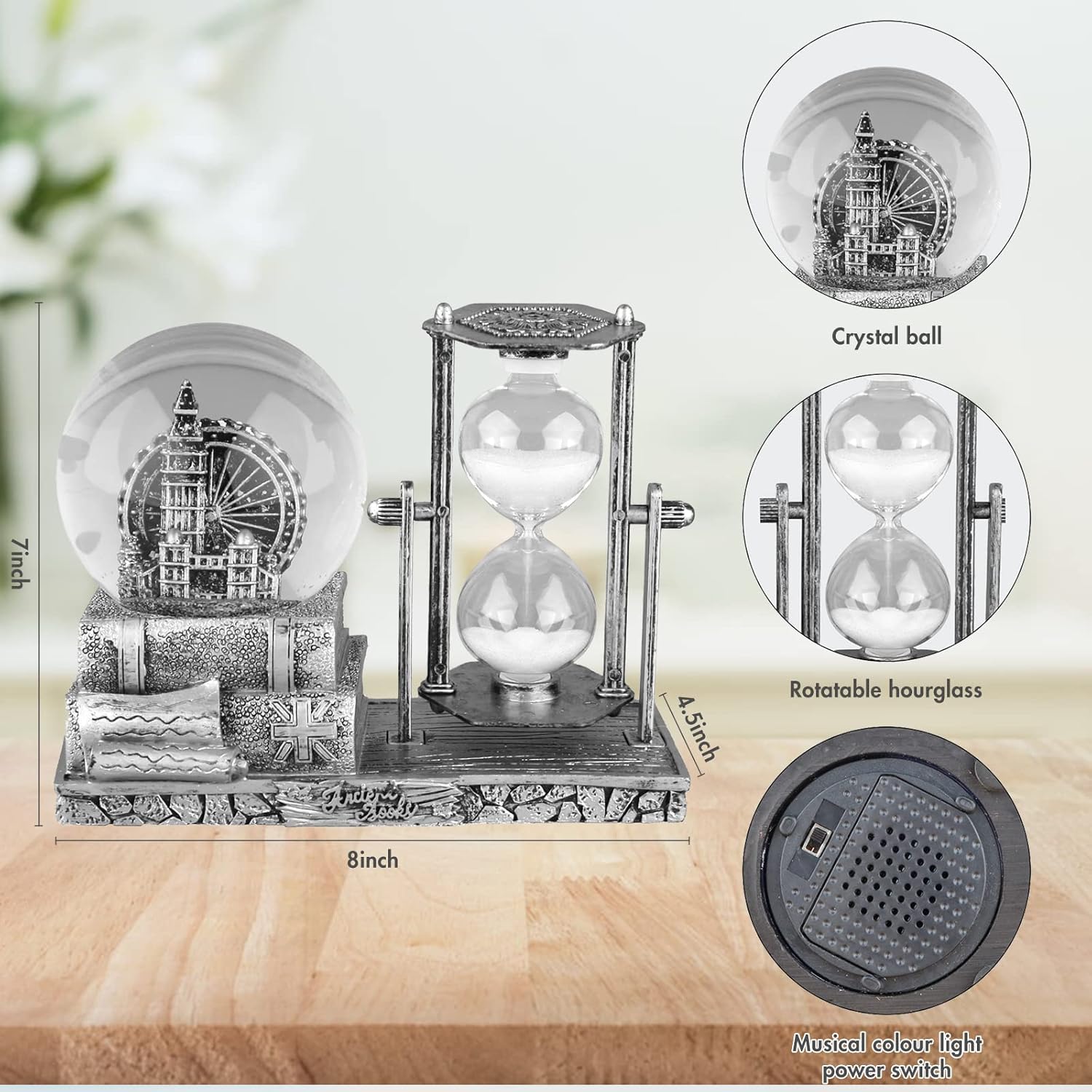 Bola de cristal LED de reloj de arena, globo de nieve musical con temporizador de 30 segundos, decoraciones para decoración de mesa del hogar para
