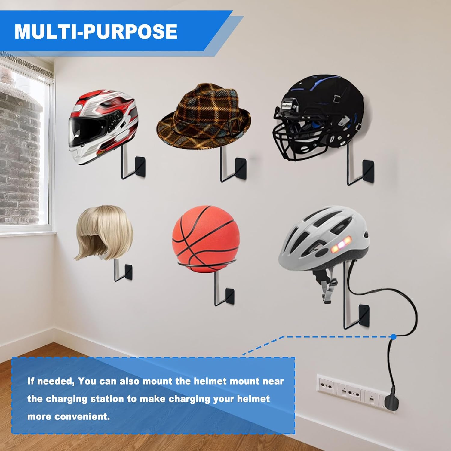 8 piezas de accesorios de motocicleta montados en la pared, soportes para casco, perchas de metal para casco, estantes multifuncionales para casco