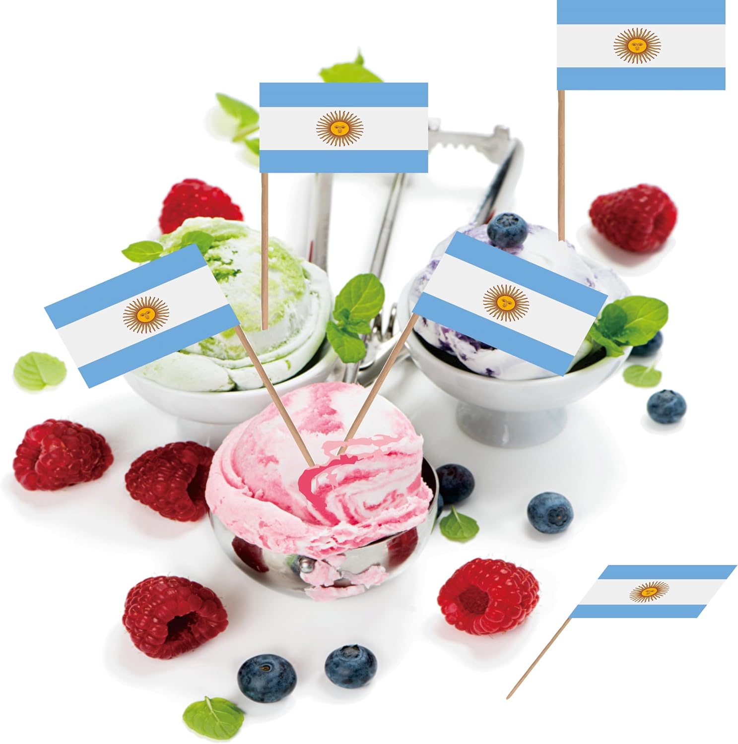 Bandera de palillo de dientes argentino nacional argentino pequeño, mini cupcakes de frutas, decoración de palitos de alimentos, paquete de 100