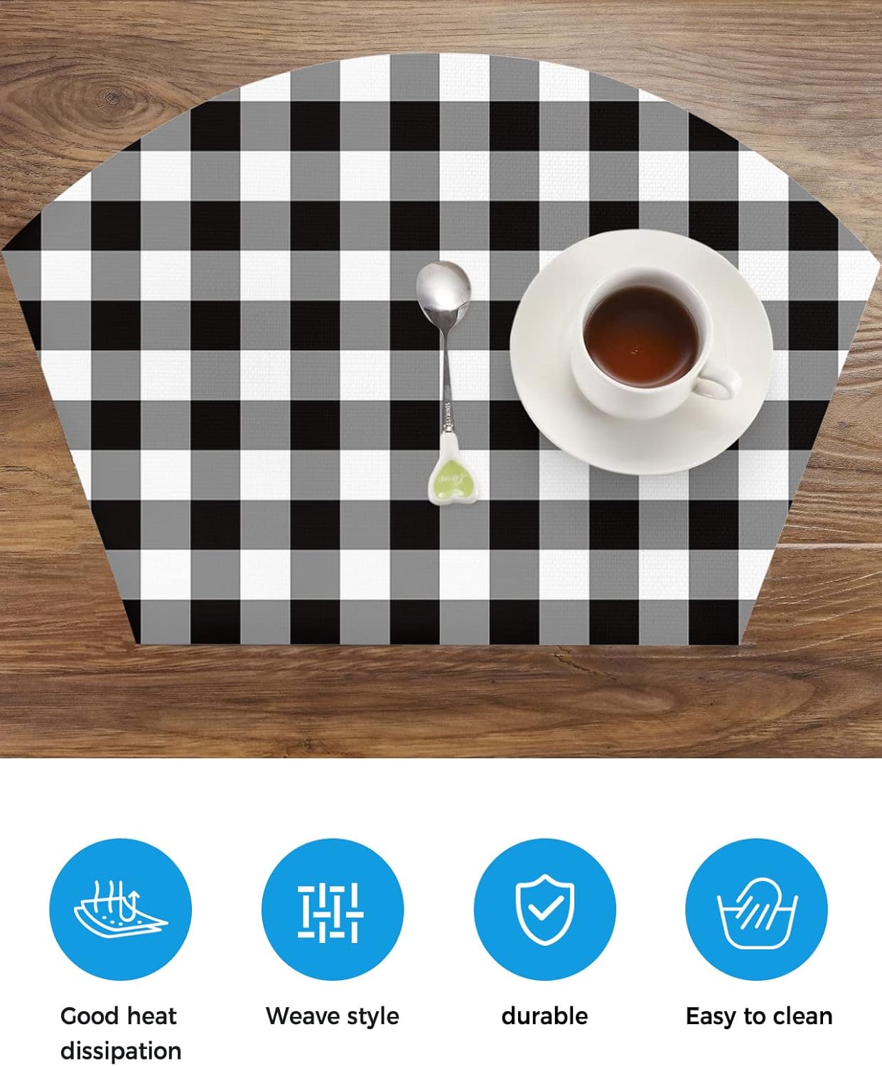 Manteles individuales a cuadros en blanco y negro para mesa redonda, cocina, restaurante, juego de 4 manteles individuales de mesa redonda de búfalo