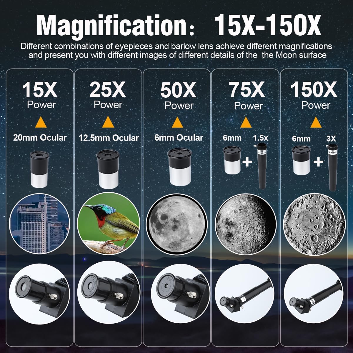 Telescopio, apertura de 2.756 in (15X-150X) telescopios refractores portátiles para adultosniñosprincipiantes en astronomía, telescopio de viaje