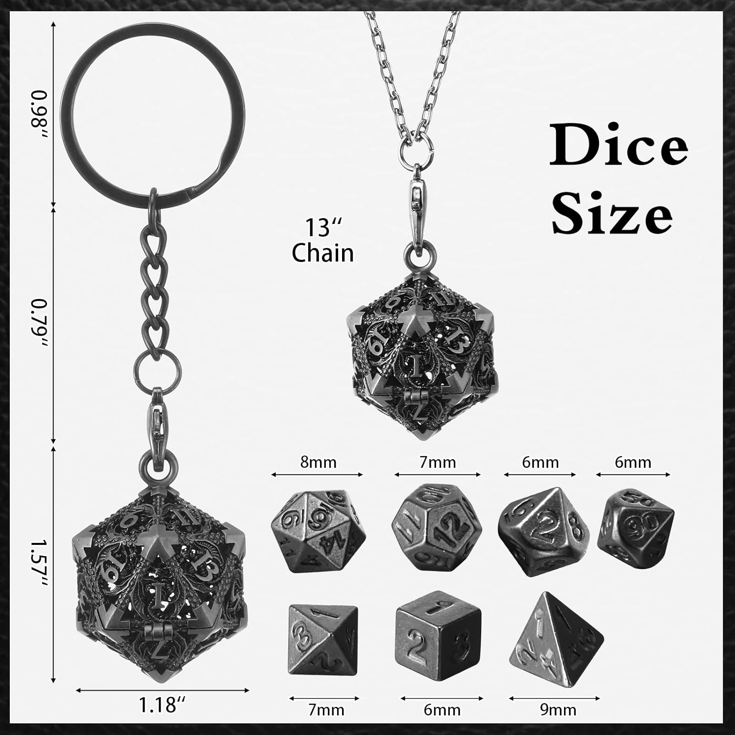 Syhood Juego de dados pequeños, 7 piezas de dados pequeños de metal, collar hueco D20, estuche de dados, llavero, juegos de mesa para juegos de rol,