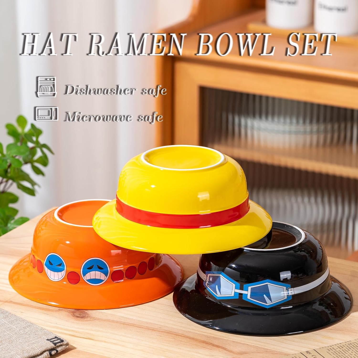 Cuenco de ramen con sombrero de paja (cuenco de cerámica + cuchara de madera + palillos) para los fanáticos del anime