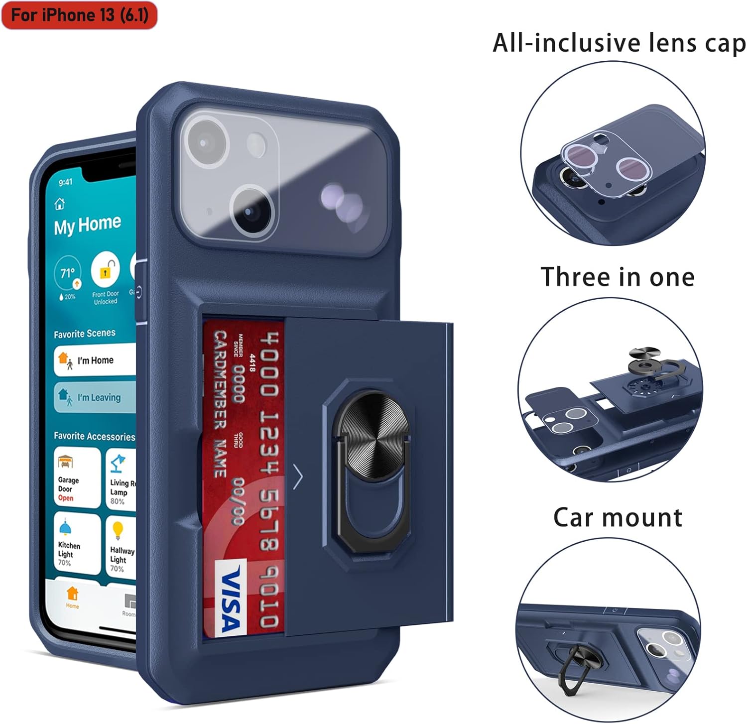 LMDAMZ Funda tipo cartera para iPhone 13, ranura para tarjeta de crédito, diseño portátil, resistente de doble capa acolchada de goma protectora