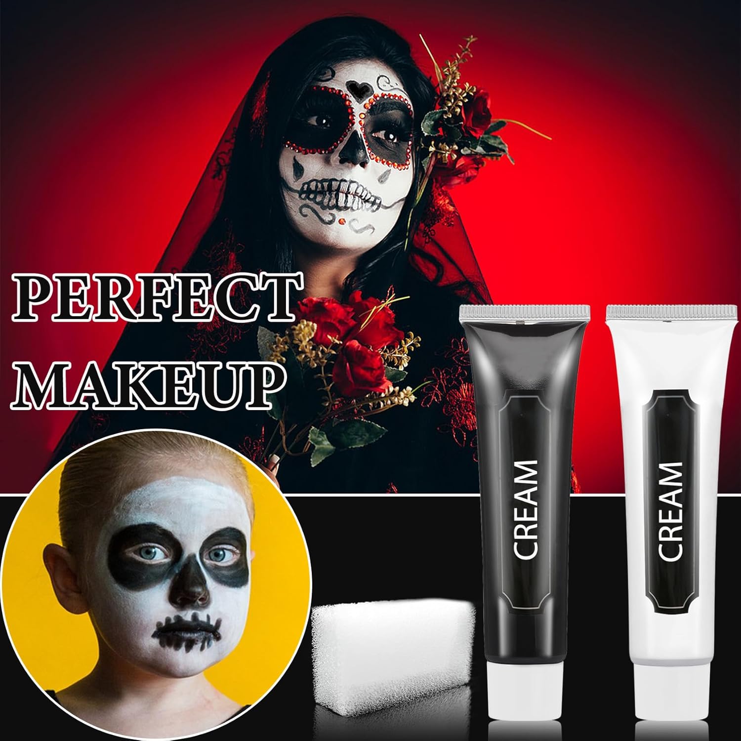 2 piezas de pintura facial blanca y negra con esponja, kit de maquillaje de pintura facial de Halloween para adultos, kit de paleta de pintura
