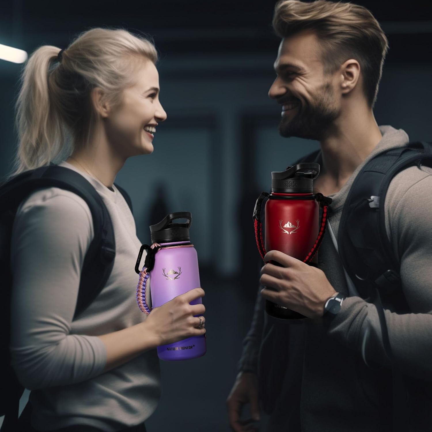 NATURE PIONEOR Botellas de agua aisladas con mango de paracaídas, 24324064 onzas, botella de agua deportiva de boca ancha con 3 tapas, de acero