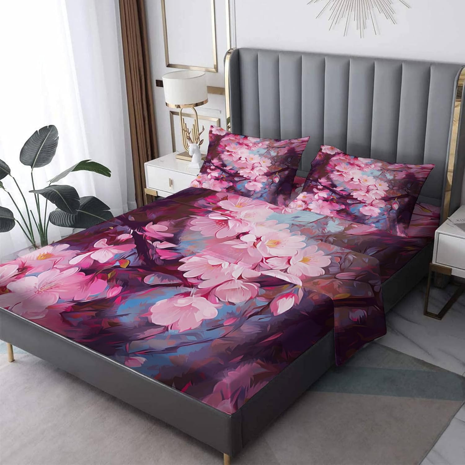 Z9-&-207 – Juego de sábanas japonesas Sakura, sábanas y fundas de almohada estampadas de 4 piezas, sábana bajera ajustable de microfibra suave con
