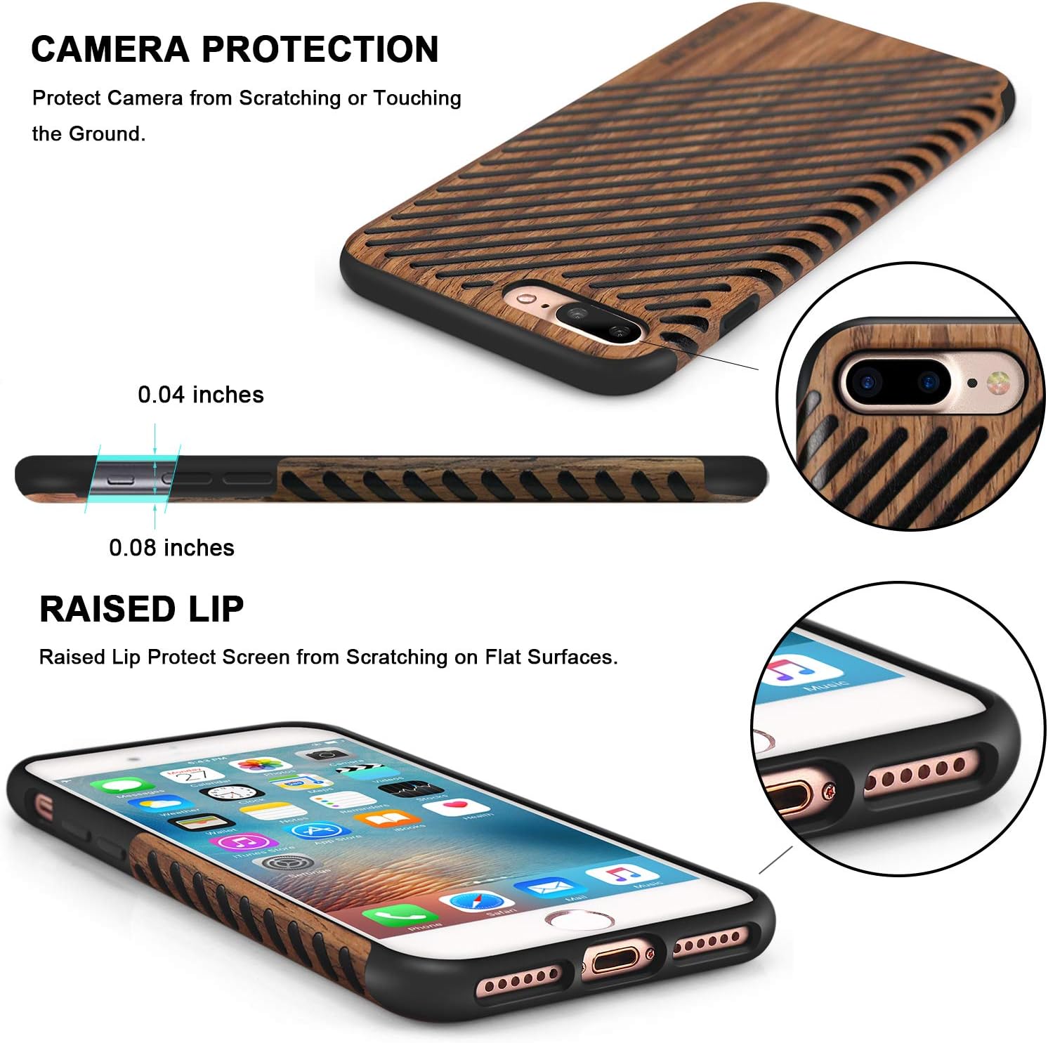 TENDLIN Funda para iPhone 8 PlusiPhone 7 Plus con grano de madera exterior suave TPU silicona híbrida funda delgada para iPhone 7 Plus y iPhone 8
