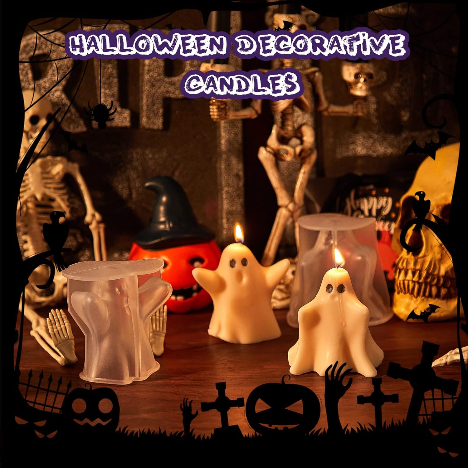 Moldes de vela de fantasma de Halloween para hacer velas, moldes de silicona en forma de fantasma 3D con mechas de vela, jabón de cera, molde de