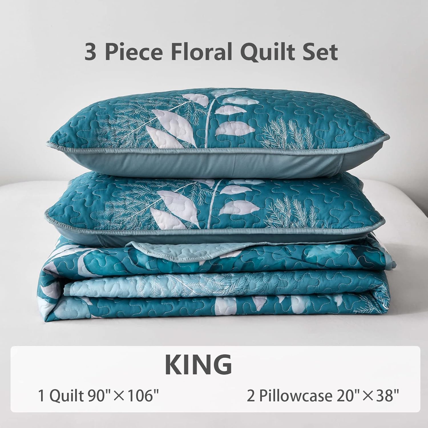 WONGS BEDDING Juego de edredón California King, juego de colcha de 3 piezas con hojas botánicas florales verde azulado con 2 fundas de almohada para