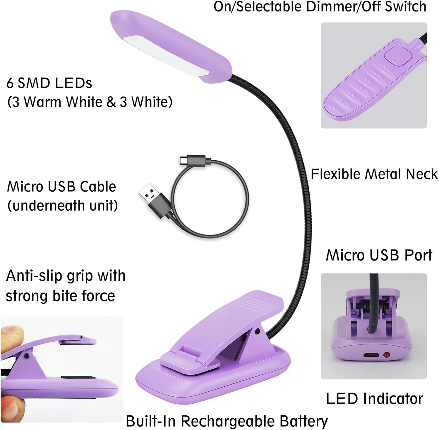 Luz de lectura de libros, lámpara de lectura para el cuidado de los ojos en la cama con brillo ajustable, clip ligero, iluminación nocturna