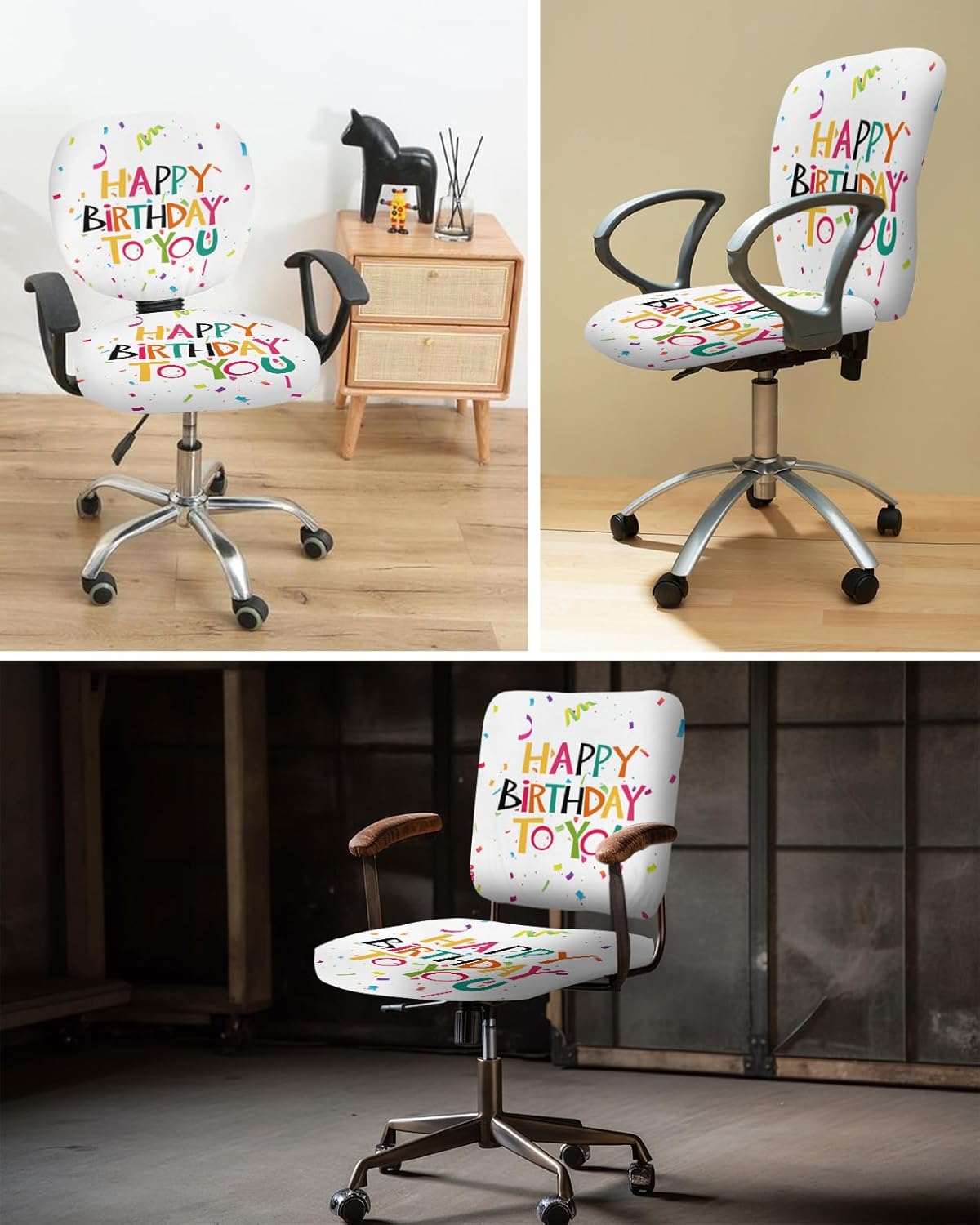 Funda elástica para silla de oficina con texto en inglés Happy Birthday para silla de computadora, respaldo, cinta de colores, arte abstracto,
