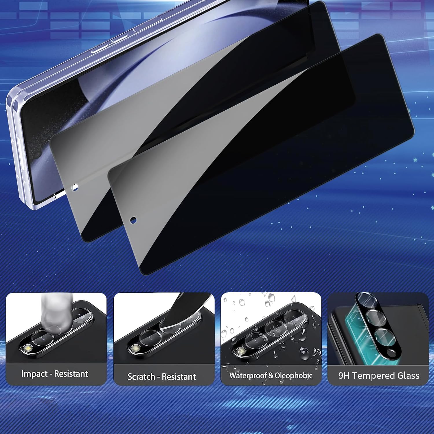 Paquete de 2 + 2 protectores de pantalla de privacidad para Galaxy Z Fold 5, paquete de 2 películas templadas de privacidad frontal con 2 unidades