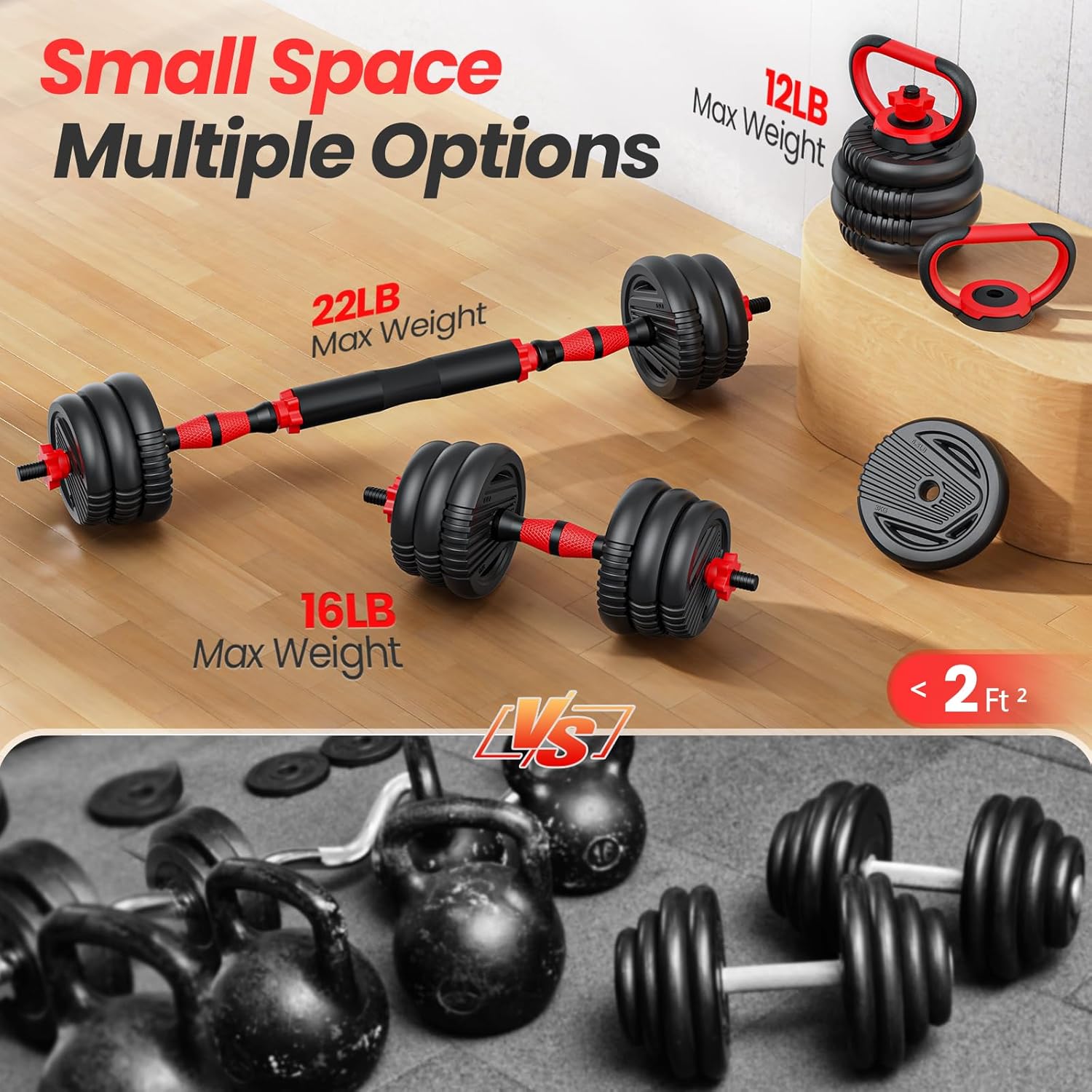 Adjustable dumbbell set, 20355570lbs Free Weights set with upgraded nut, 4 in 1 Weight Set Used as Kettlebells, Barbell, Push up Stand, Fitness