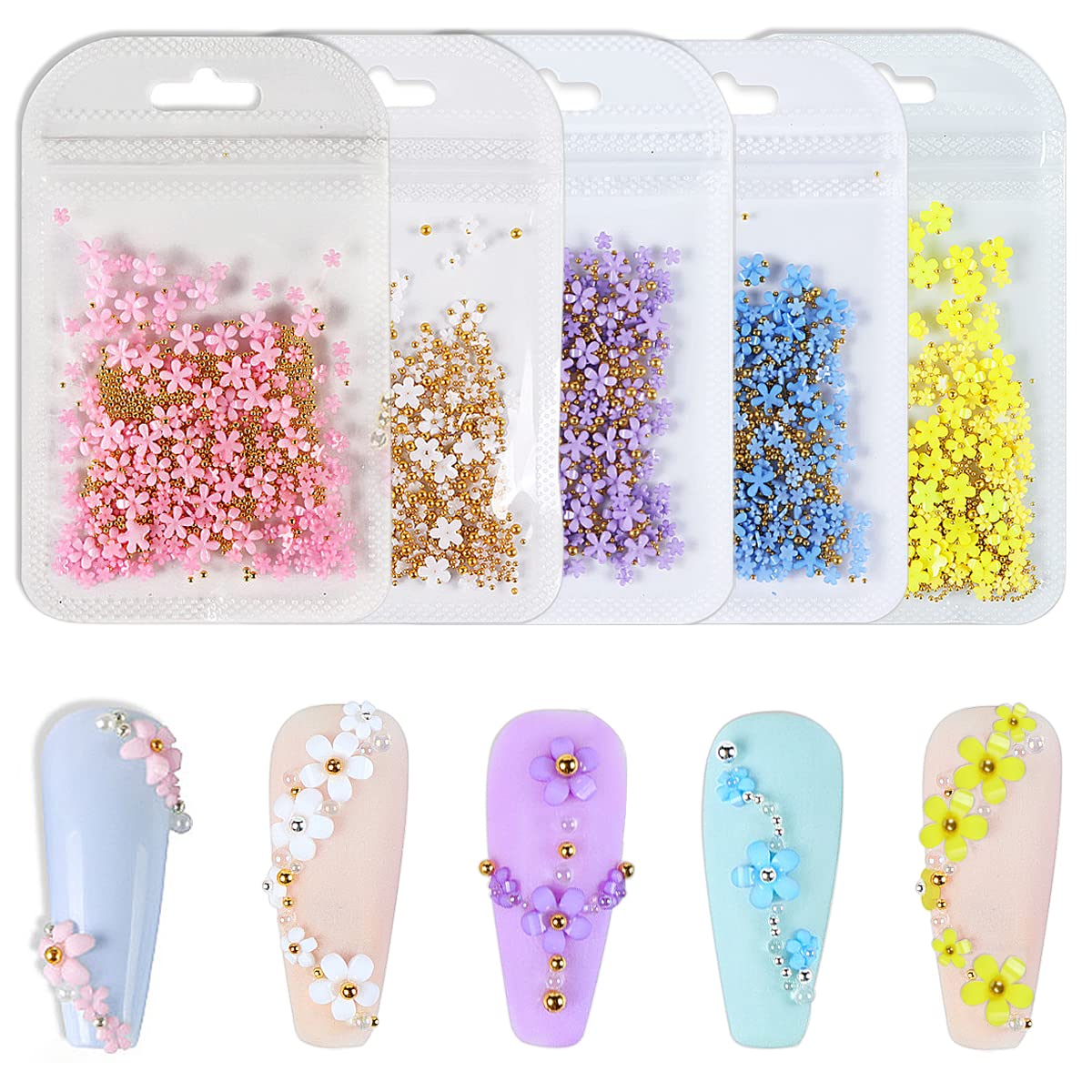 Paquete de 5 diamantes de imitación de flores 3D para decoración de uñas acrílicas, cuentas doradas, diseño de uñas, accesorios de bricolaje para