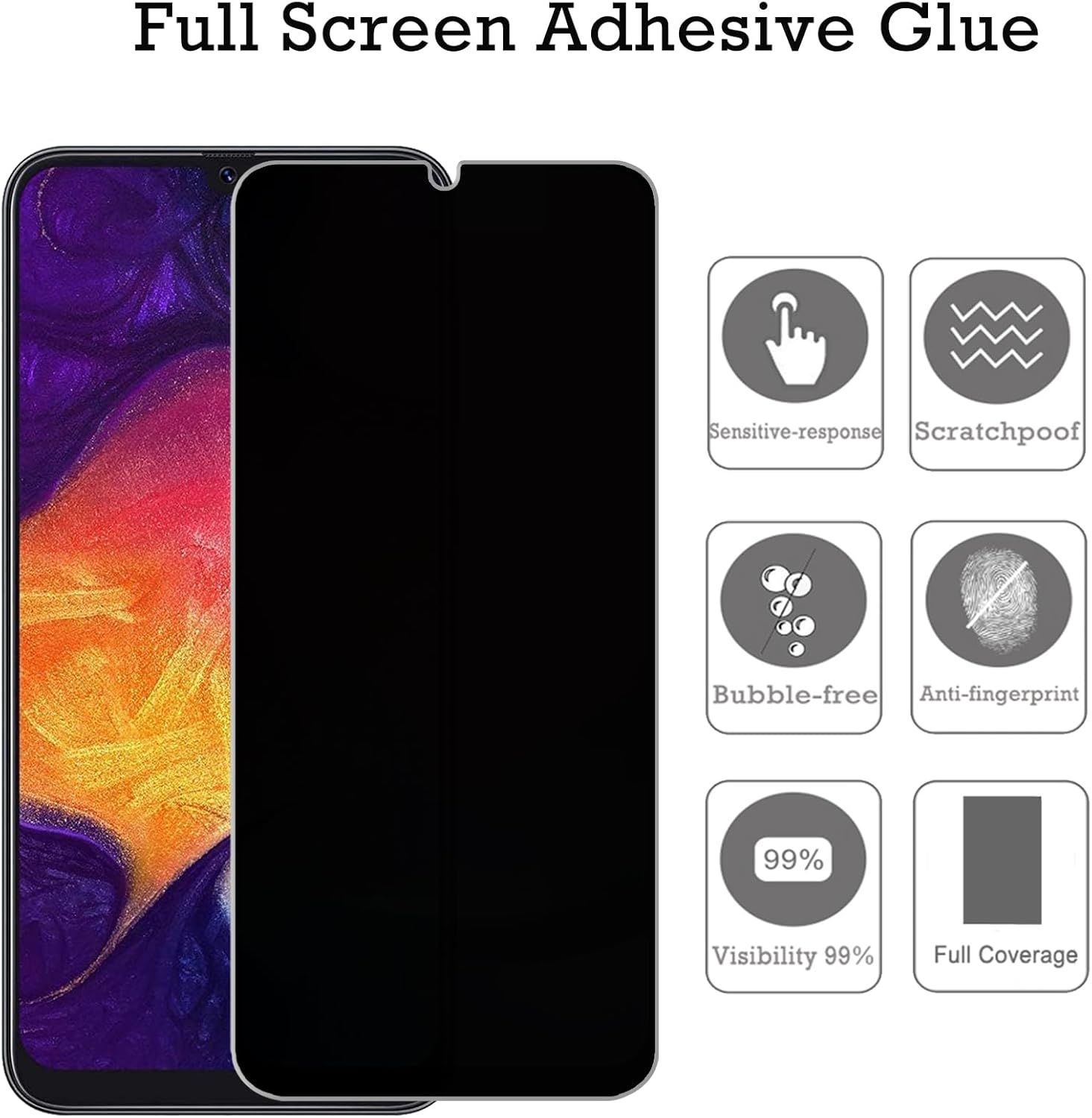 Paquete de 2 protectores de pantalla de privacidad de vidrio templado antiespía de dureza 9H para Samsung Galaxy A50A50SA30A30SM30SA20
