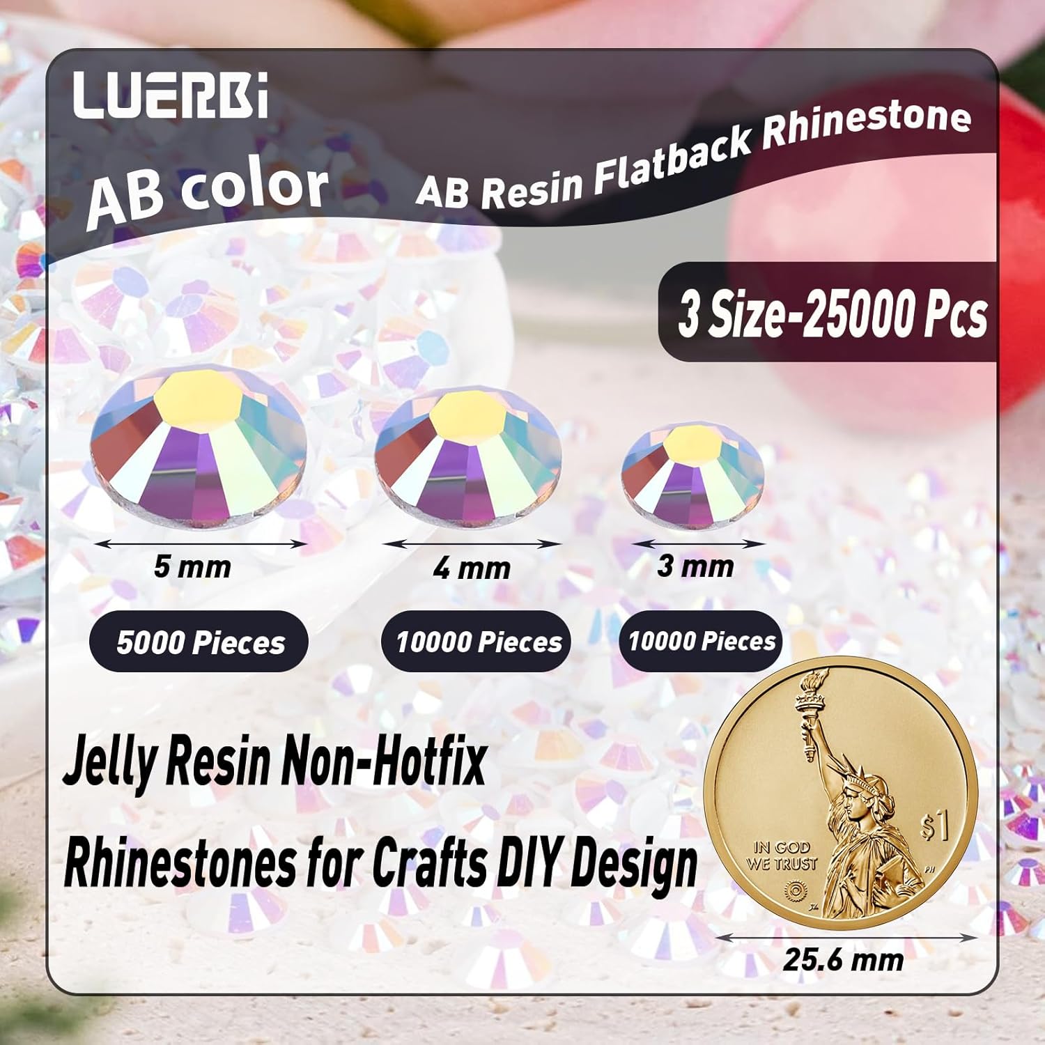 25000 diamantes de imitación coloridos de resina AB, diamantes de imitación coloridos de 0.118 pulgadas, 0.117 pulgadas, con parte trasera plana, no