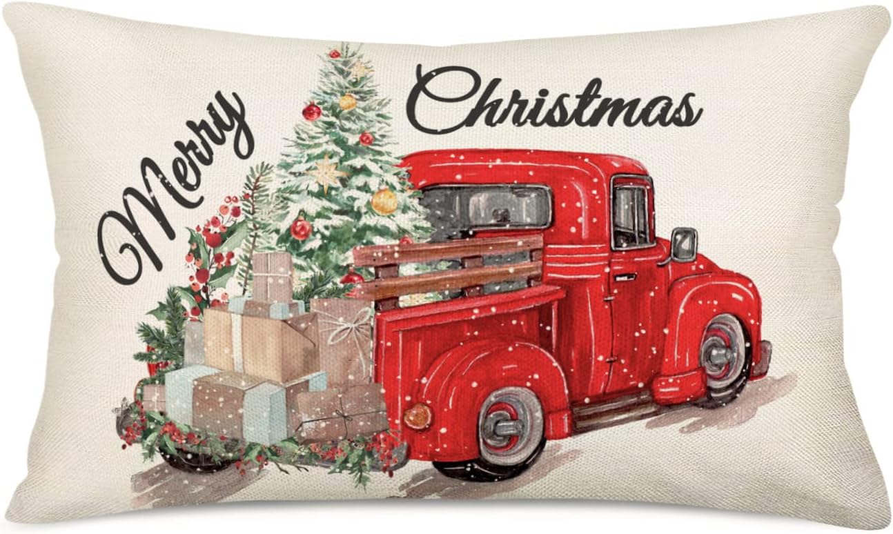 Funda de cojín decorativa de algodón y lino con diseño de camión rojo con árbol de Navidad, regalo de Feliz Navidad, 12 x 20 pulgadas, diseño de