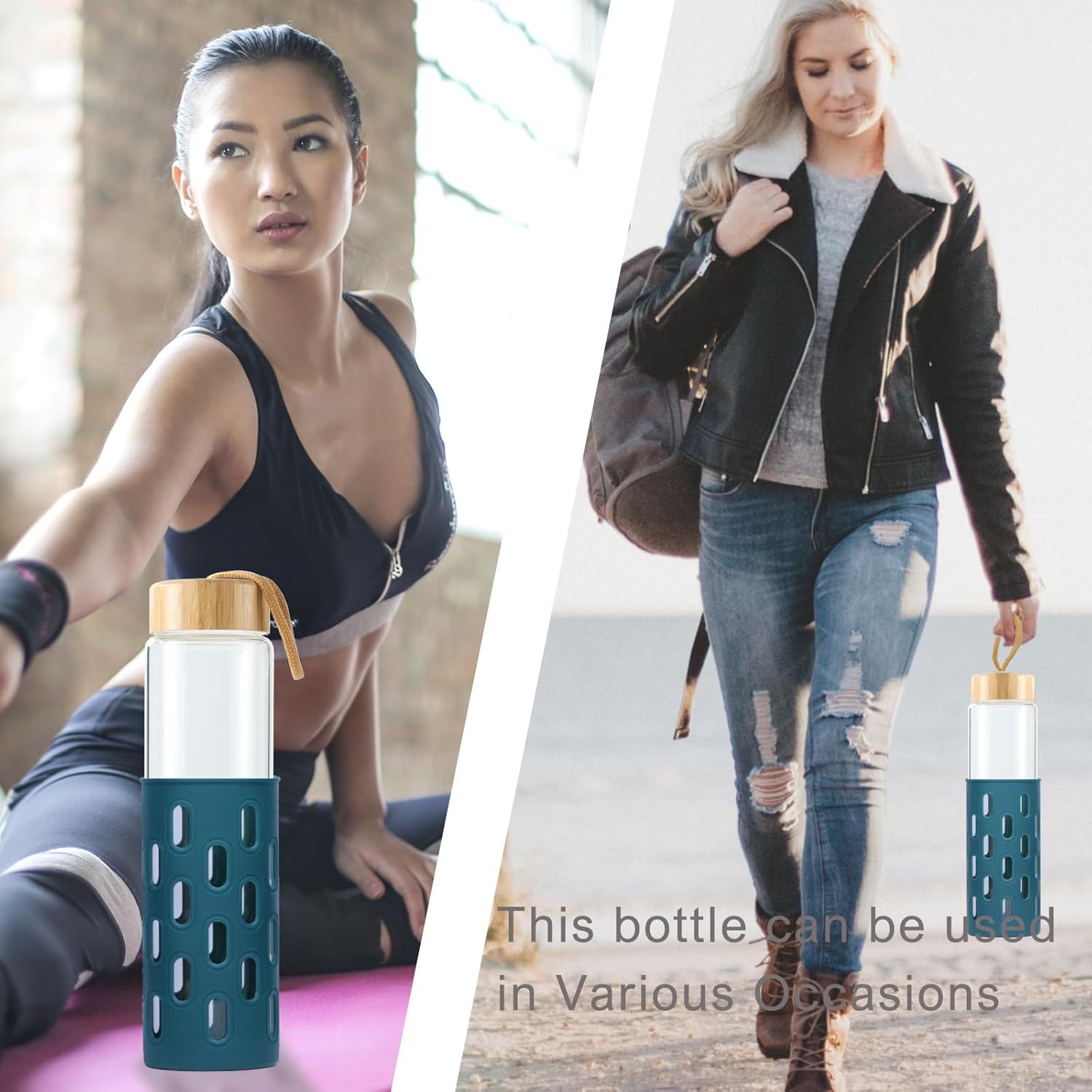 Botellas de agua de vidrio de 32 onzas de borosilicato natural de boca ancha reutilizable con funda de silicona, lindas botellas de agua para