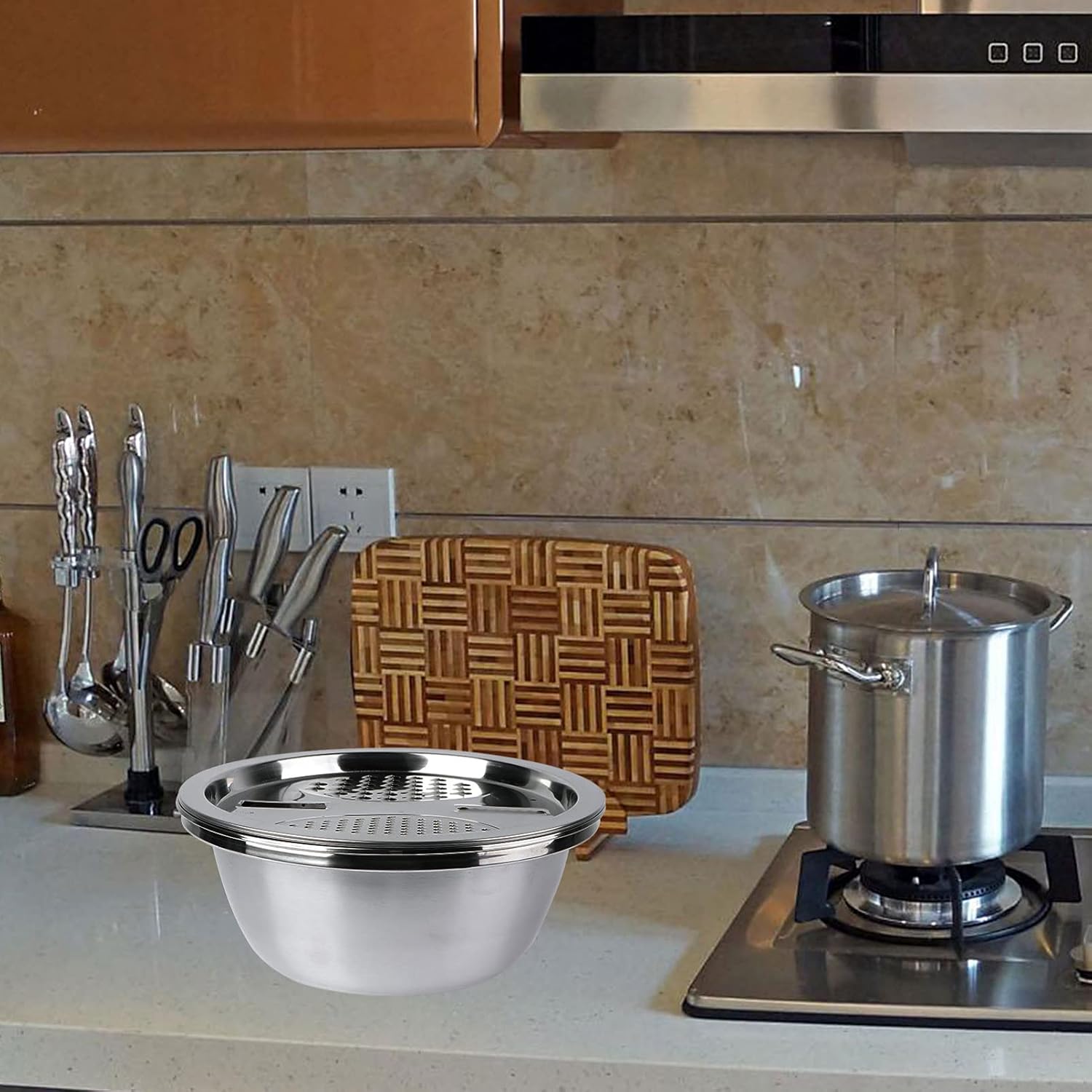 Cuenco de lavado de granos 3 en 1 de acero inoxidable, cesta de drenaje de frutas y verduras, cortador de verduras, cesta de filtro de agua, cuenco