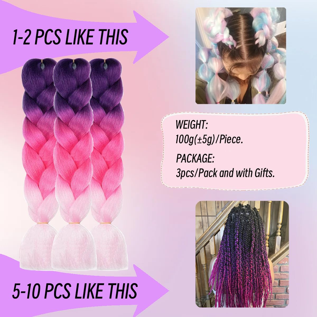 Cabello trenzado de mezcla de fibras sintéticas sedosas, tamaño jumbo, colores de arcoíris morado, rojo y rosa, extensiones de cabello Kanekalon