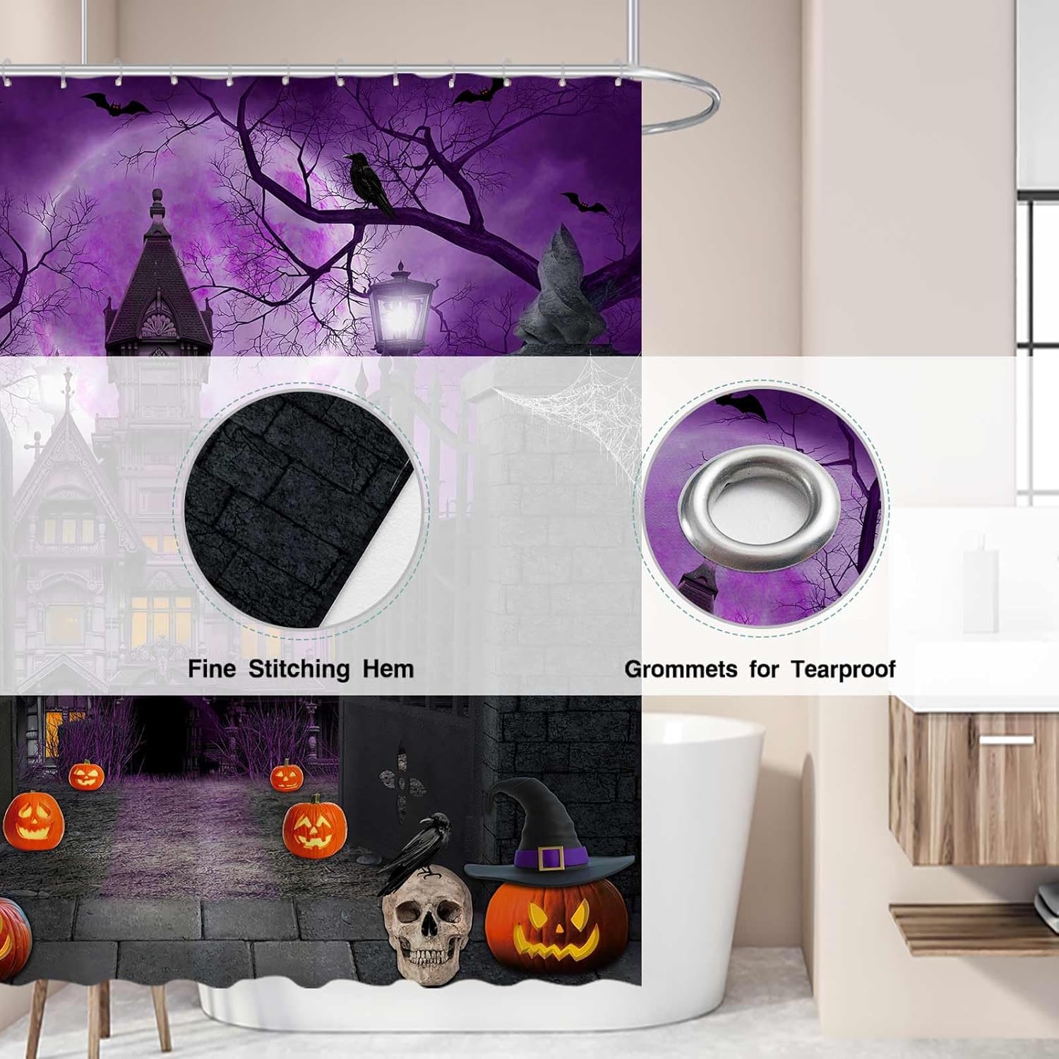 Allenjoy Cortina de ducha de Halloween de 72 x 72 pulgadas para baño, juego de cortina de ducha de noche aterradora, luna gótica, casa encantada,