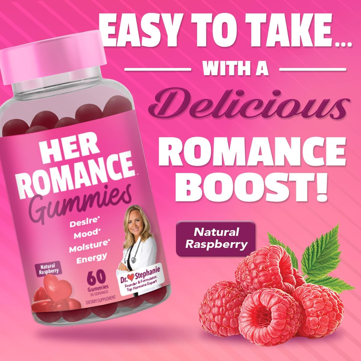 Pharmaganics Dr. Stephanie’s Her Romance – Gomitas para el equilibrio hormonal natural para mujeres, sabor natural a frambuesa