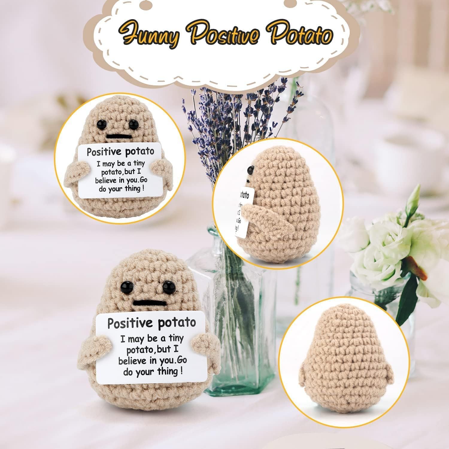 Mini divertida patata positiva con base de madera, juguete de papa de punto de 3 pulgadas con tarjeta positiva creativa linda lana positiva muñeca