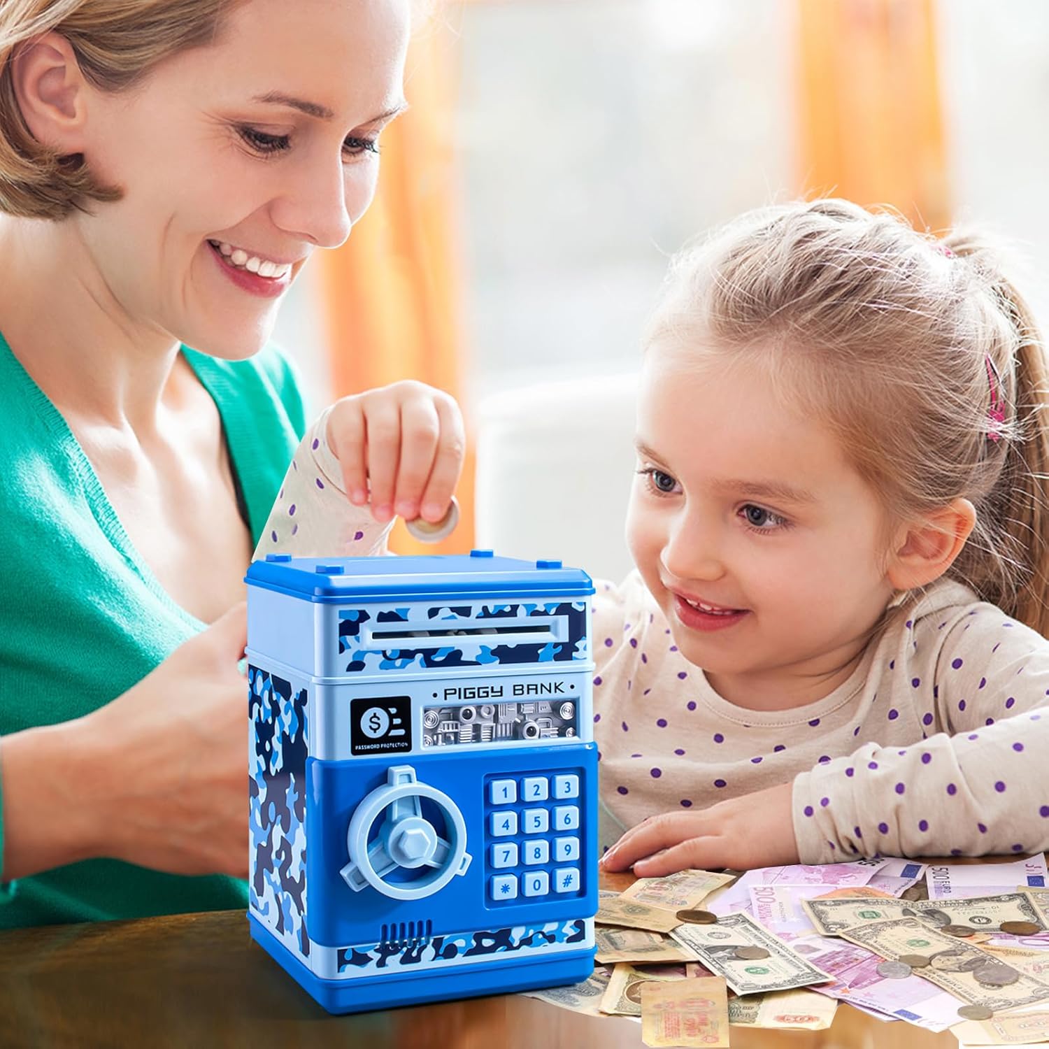 Hucha para niños, mini cajero automático de papel con desplazamiento automático, caja de ahorro de dinero con contraseña, efectivo y monedas, caja