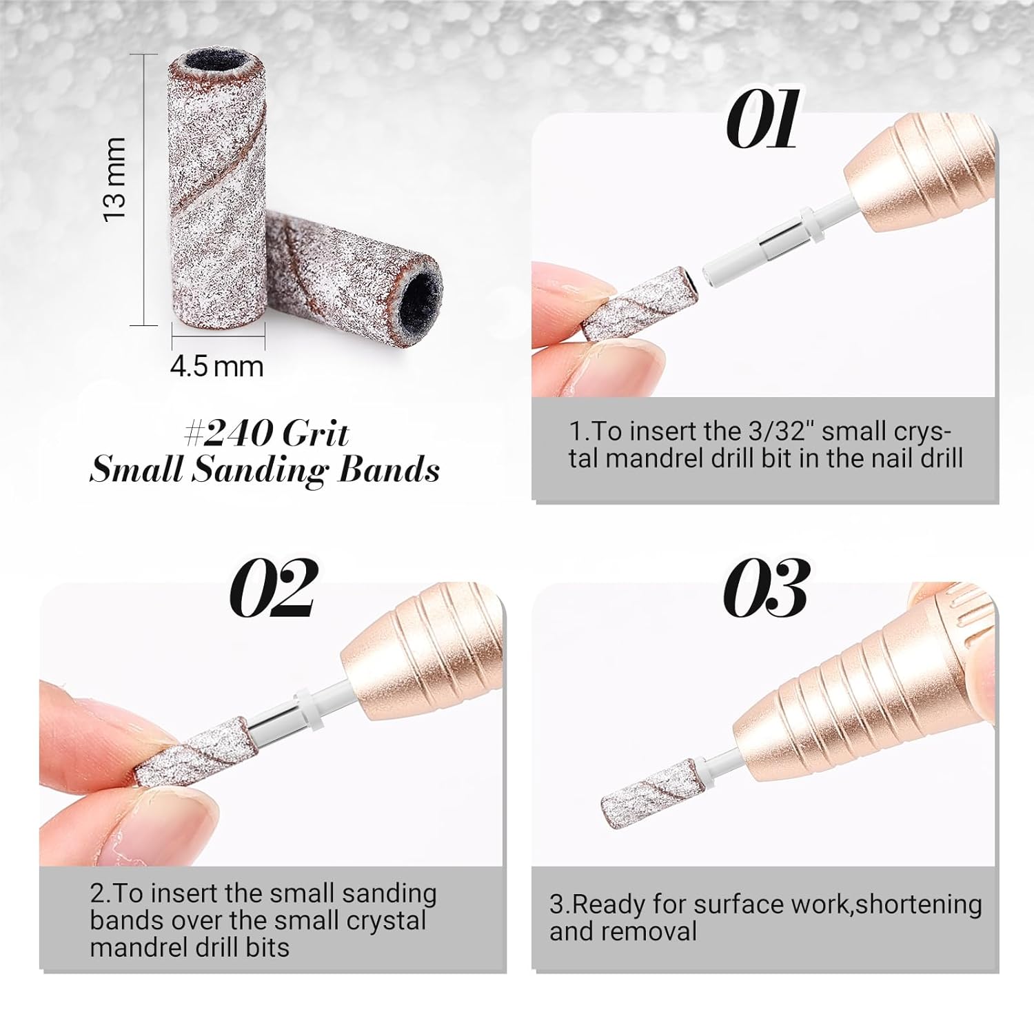 MelodySusie 50 brocas de uñas pequeñas bandas de lijado con broca de mandril de 0.122 in, lima de uñas de grano fino extremo para uñas acrílicas,