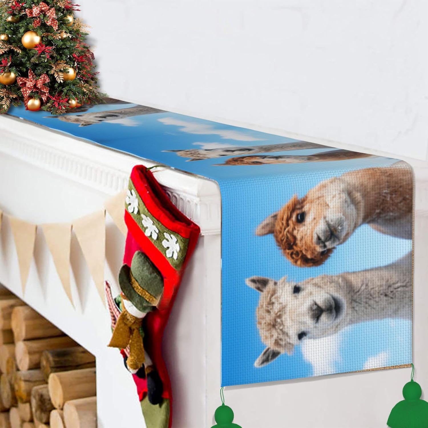 Camino de mesa navideño de dos Alpacas, decoración de mesa de comedor, decoración de Navidad, decoración de interiores del hogar, caminos de mesa de